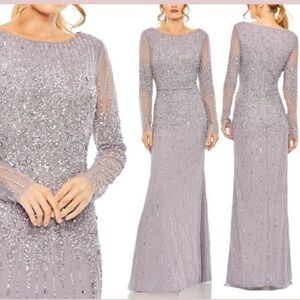 MAC DUGGAL High Neck Sequin Embellished Long Sleeve A-Line Gown In Vintage Lilac